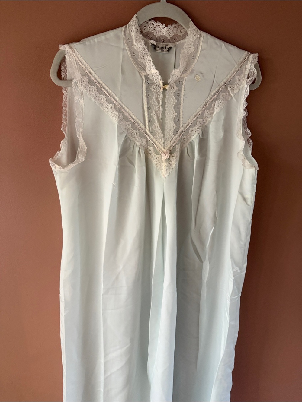Christian Dior Lingerie Vintage Pale Blue Sleeveless Lace-Trim Nightgown